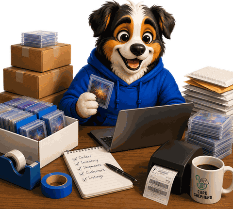 Shep at his desk with cards, labels and a laptop