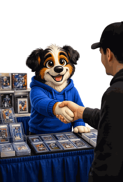 Shep shaking hands with a customer at a card show table