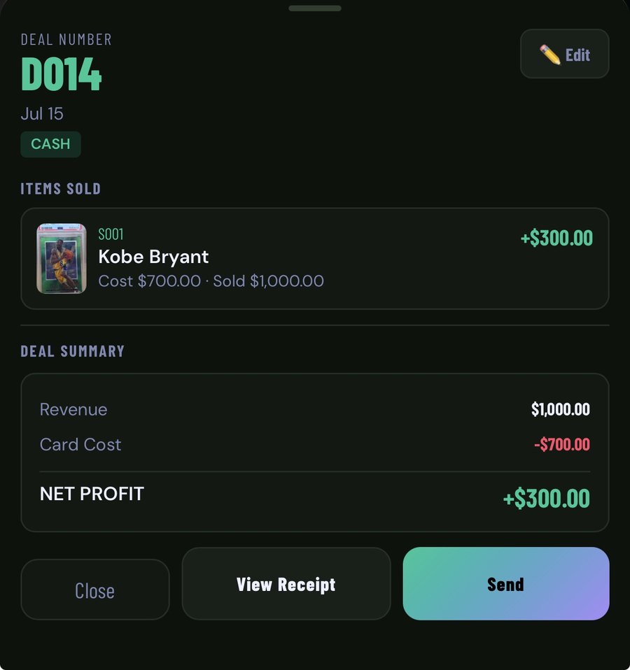 Deal recap showing revenue, card cost and net profit