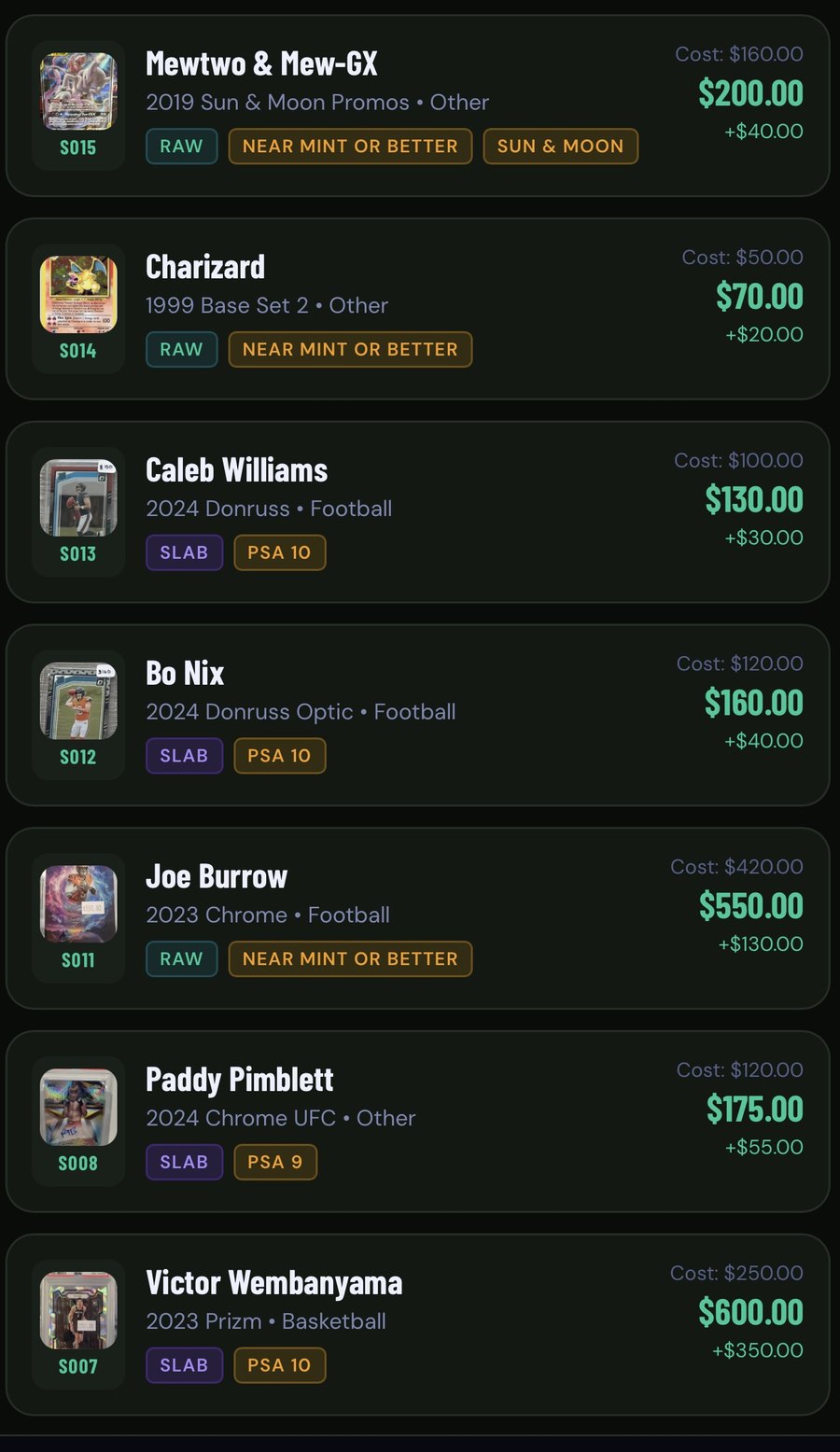 Inventory list mixing Pokemon and sports cards with cost and asking price